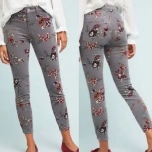 Pilcro & Letterpress Anthropology Gray Floral High Rise Skinny Cord Jeans 28